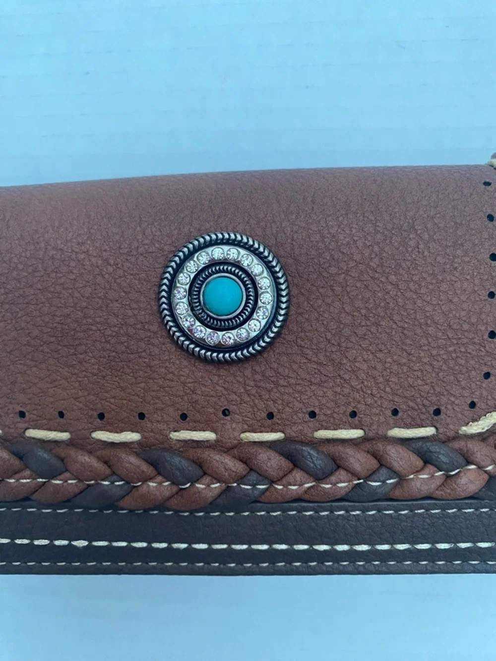 Montana West Two-Tone Brown Wristlet Wallet with Turquoise Concho🩵